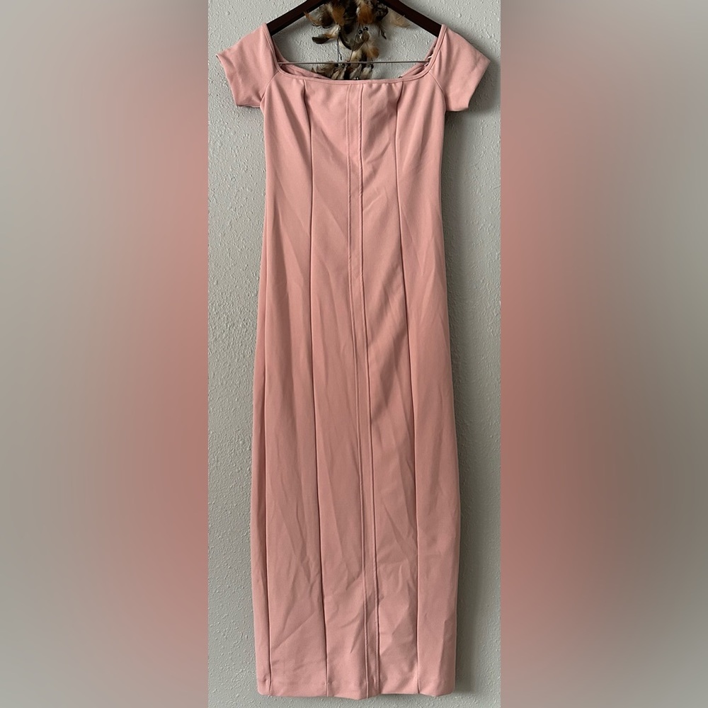 ZARA Off-The-Shoulder Bodycon Midi Dress NWT  Size M Blush Pink Wedding Party